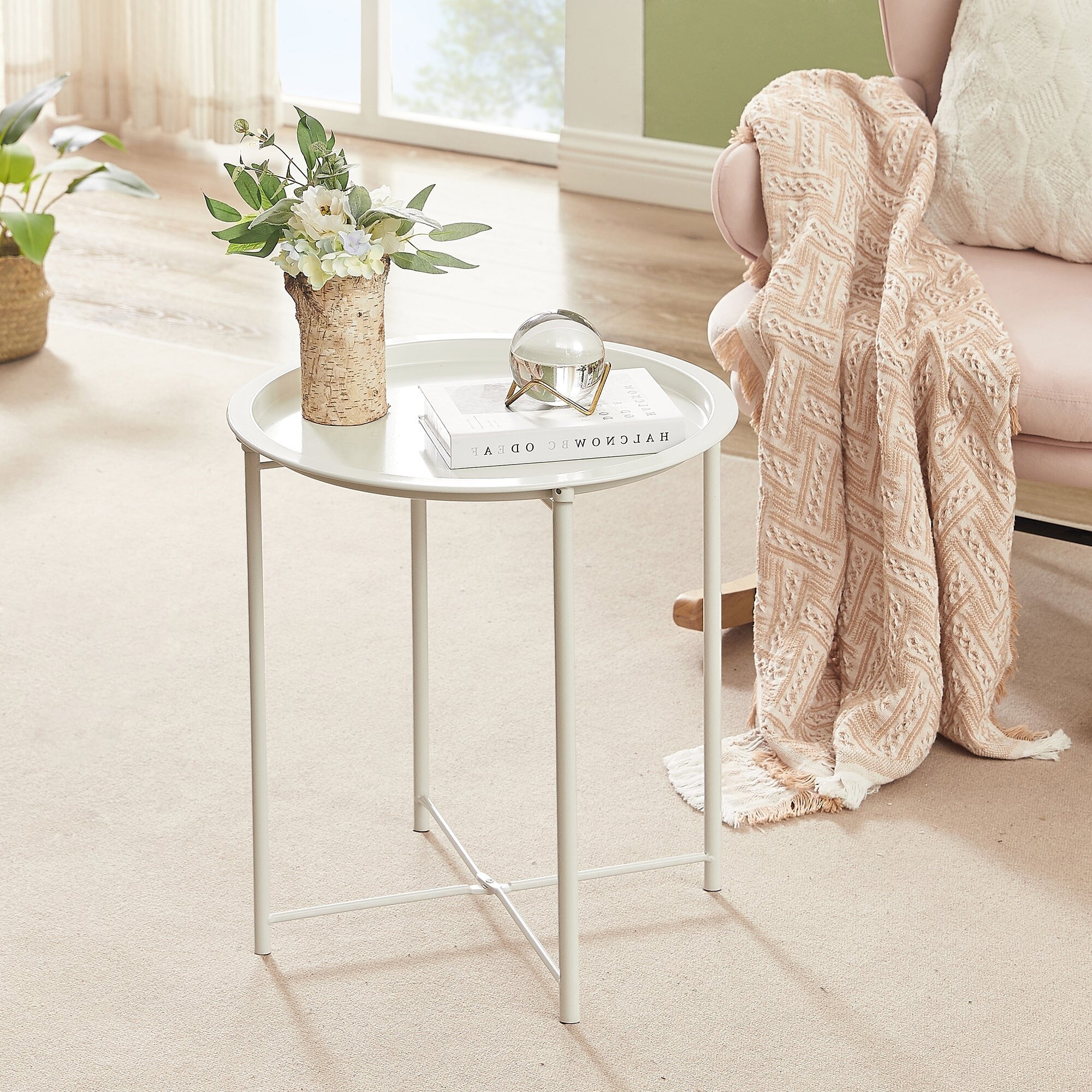 VECELO Modern Side Table with Round Removable Tray，Beige (Set of 1/Set of 2)