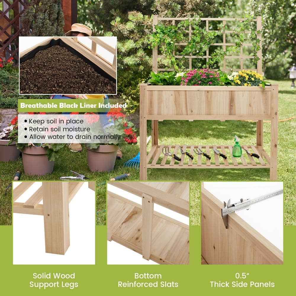 HONEY JOY 48 in. x 23 in. x 63 in. Wood Raised Garden Bed with Trellis Elevated Planter Box with Bed Liner Bottom Storage Shelf TOPB006552