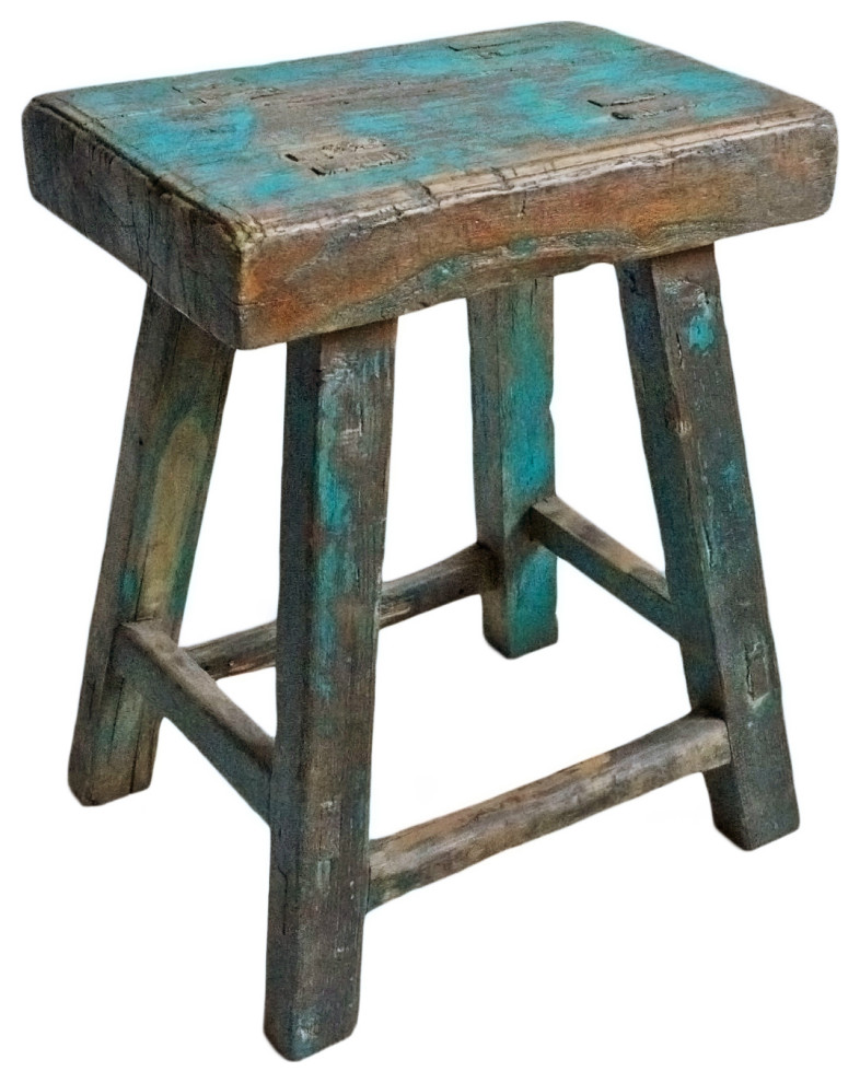 Consigned Vintage Blue Village Stool   Farmhouse   Accent And Garden Stools   by Design Mix Furniture  Houzz