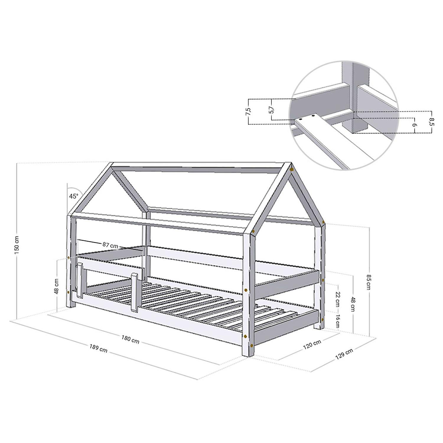 House bed with shelf 120 x 180 white and natural