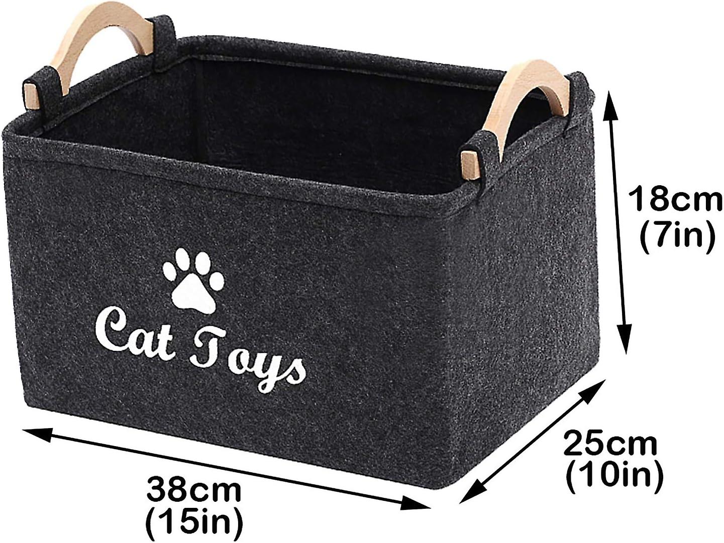 Cat Toy Storage Basket - Storage Box With Wooden Handle， Storage Box For Cat Toys， Clothes And Pet Accessories-dark Gray