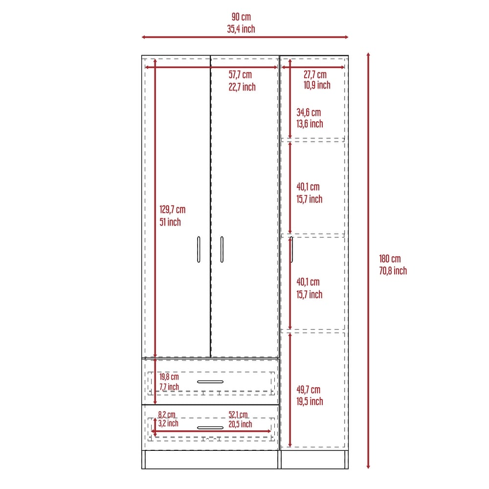 Bedroom 3 Door Armoire Cabinet with Clothing Rod and Drawer   Shelves