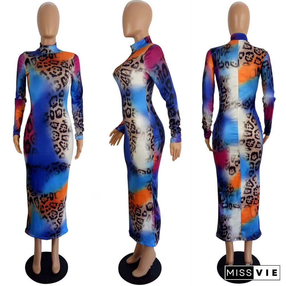 Fashion Printed Stand Collar Long-sleeved Bodycon Midi Dress