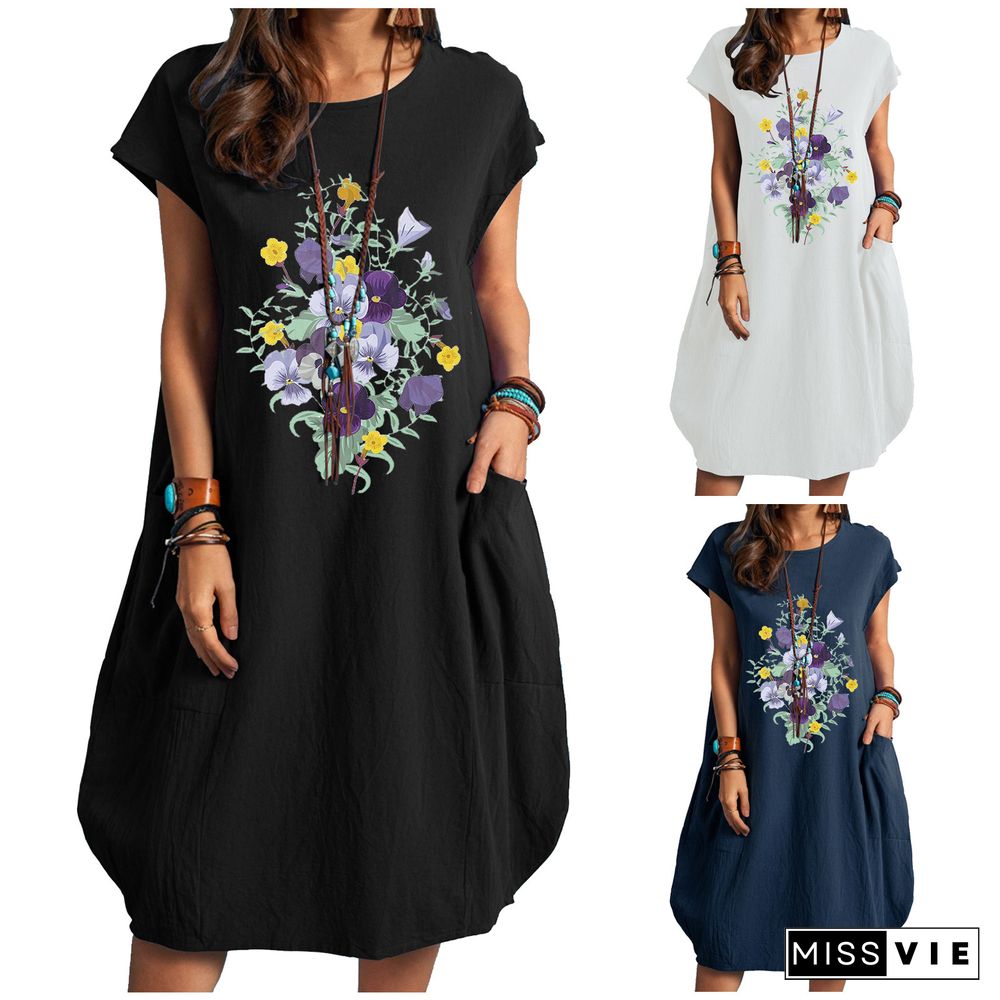 Flower Print Plus Size Cotton and Linen Pocket Dress Black Dresses