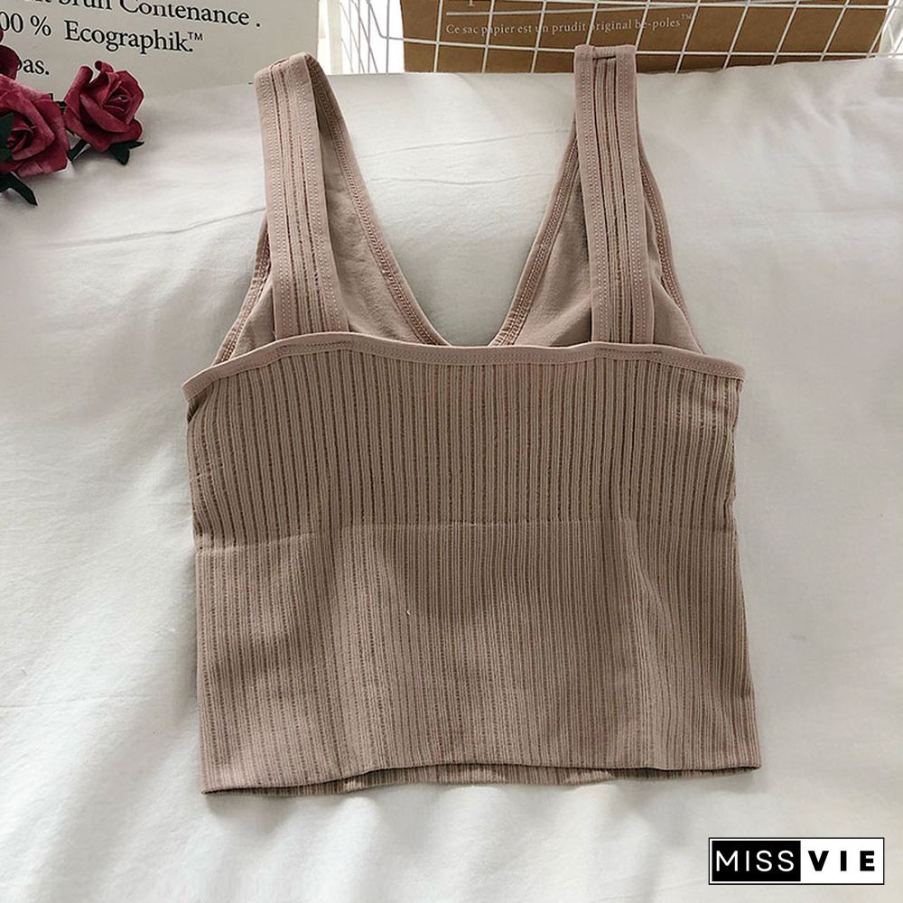 Pearl Diary Bra Tops Summer V Neck Rib Crop Tank Top With Detachable Bra Pads Sleevelss Solid Color Backless Sporty Bra Top