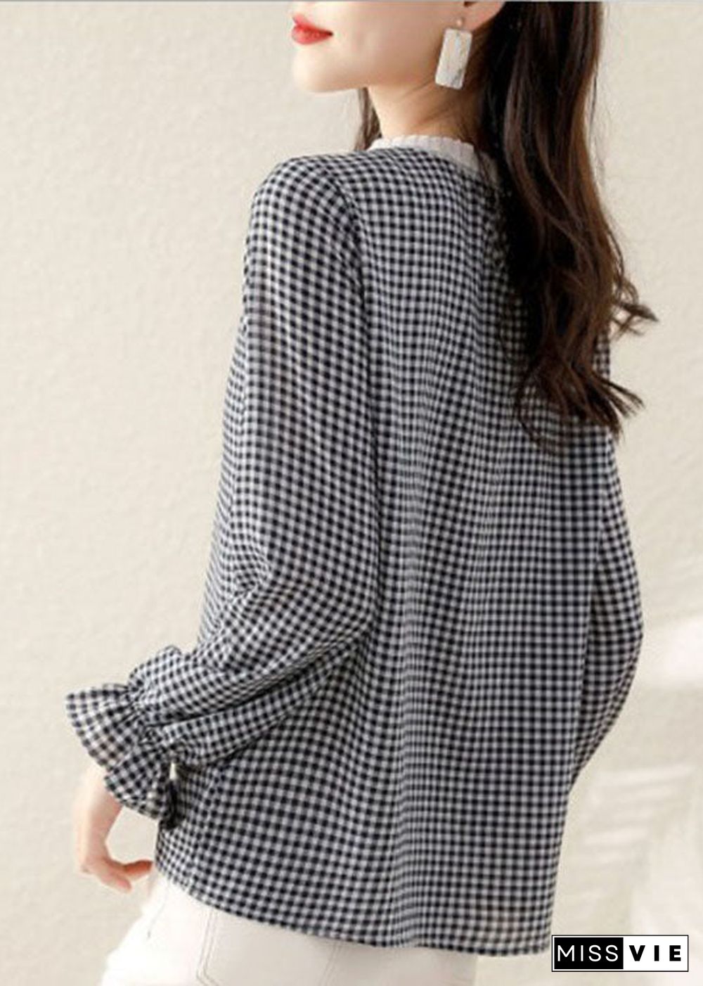 French Black Ruffled Plaid Cotton Shirt Spring