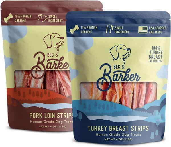 Beg and Barker BandB Best Combo Human Grade Turkey Jerky and Pork Loin Strips Natural Single Ingredient Dog Treats， 4-oz， case of 2