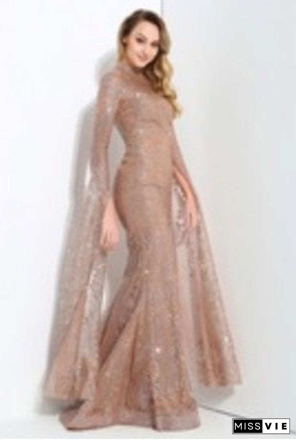 Rose Gold Cut Out Speaker Long Sleeve Geometry Glitter Glued Long Dress LM80950