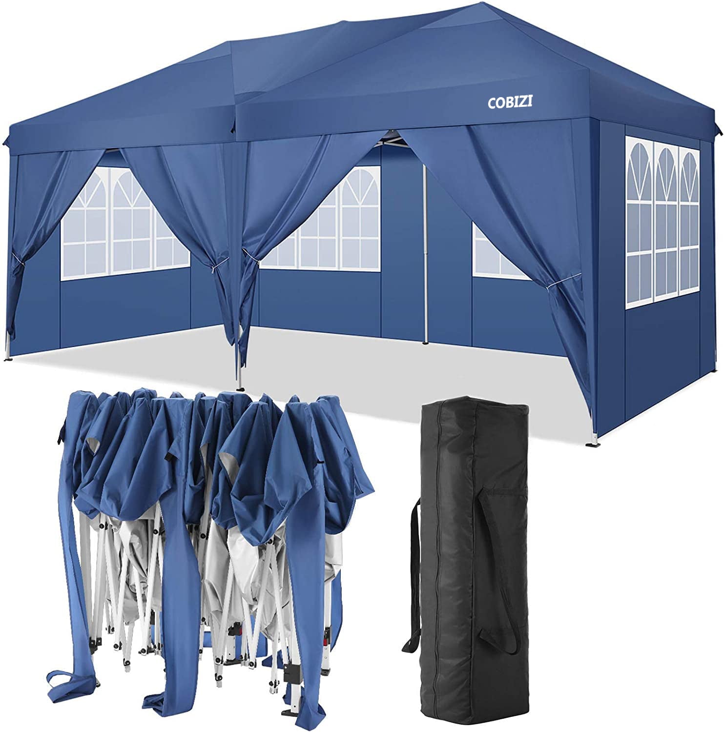 10' x 20' Canopy Tent EZ Pop Up Party Tent Portable Instant Commercial Heavy Duty Outdoor Market Shelter Gazebo with 6 Removable Sidewalls and Carry Bag, Blue