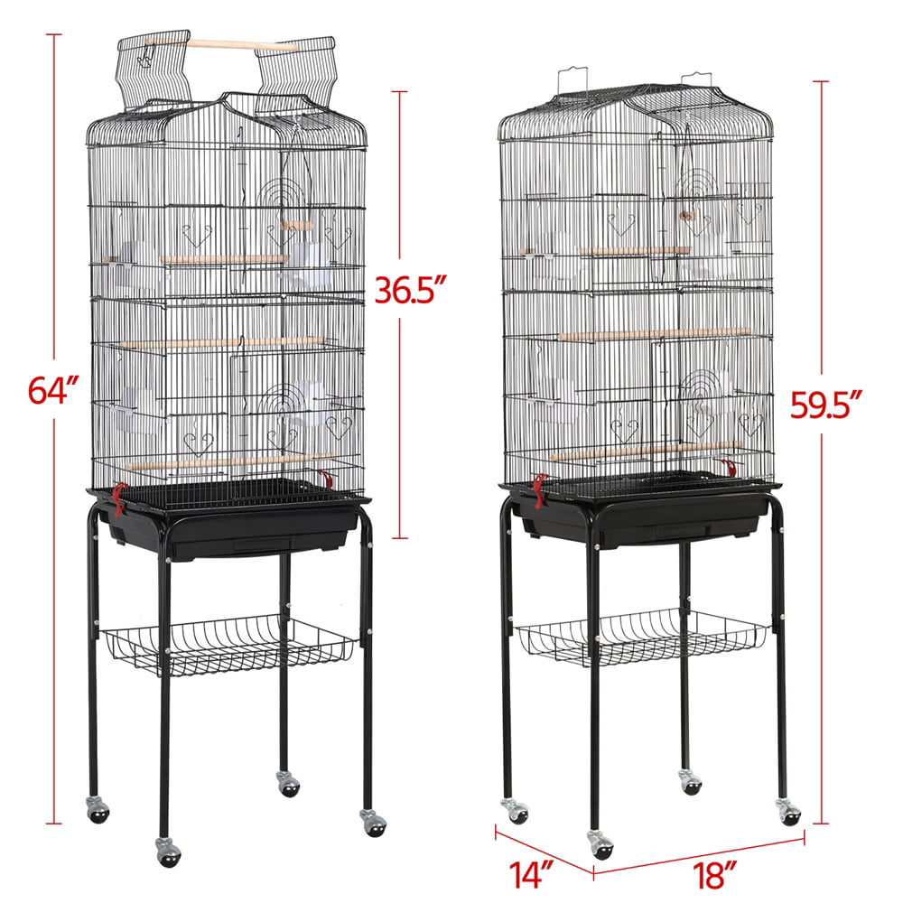 generic 64''H Open Top Metal Bird Cage Large Parrot Cage w/ Double Doors and Rolling Stand for Budgie Parrot Canary Cockatiel， Black