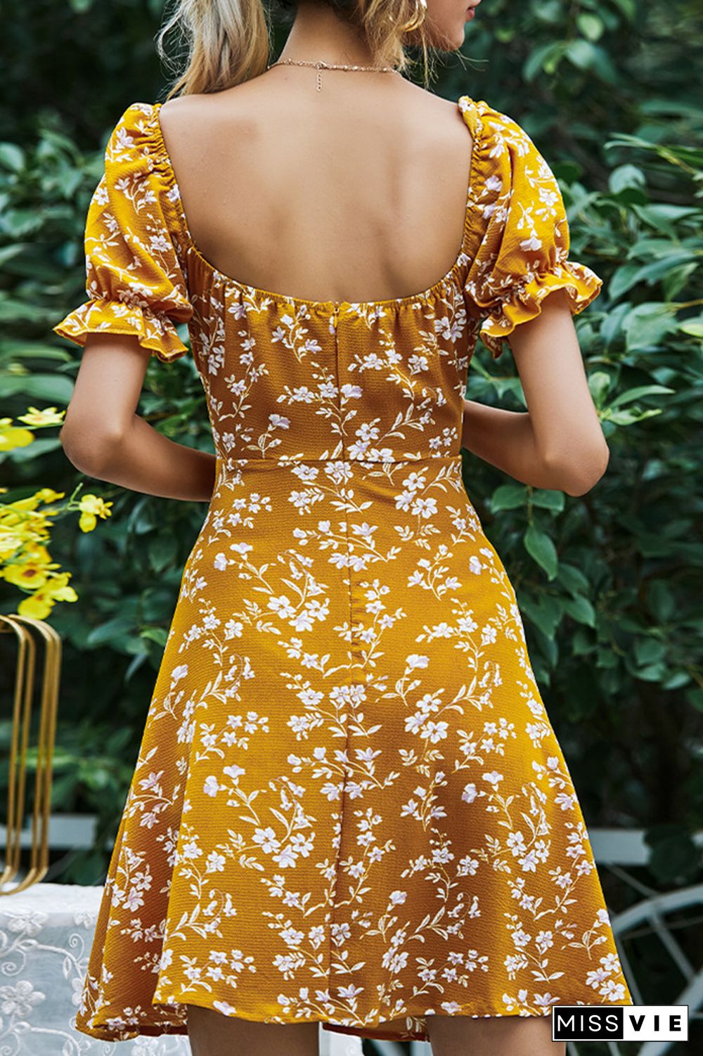 Mustard Square Neck Puffy Floral Swing Dress