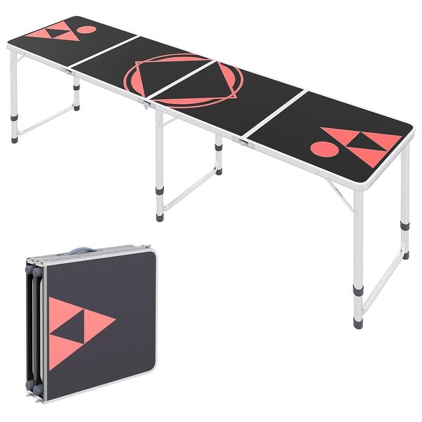 Portable 8ft Beer Pong Table， Adjustable Legs， Black and Red