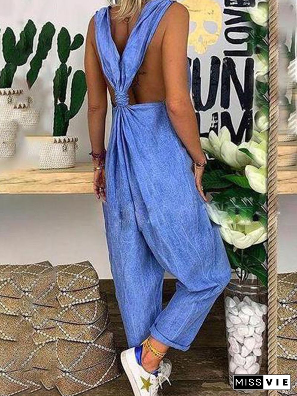 Solid Cross-back Cotton Linen Loose Jumpsuit P15114