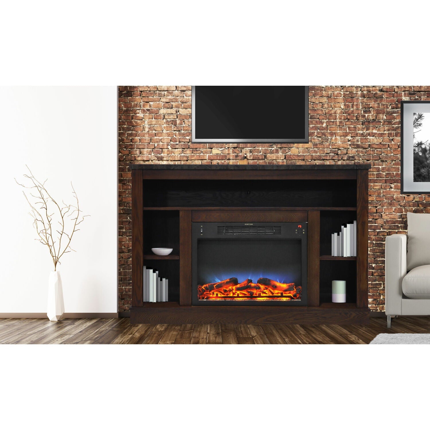 Cambridge Seville 47'' Freestanding Electric Multi-Color LED Fireplace with Log Insert and Remote | Mahogany Mantel | For Rooms up to 210 Sq.Ft. | Adjustable Heat Settings | Timer