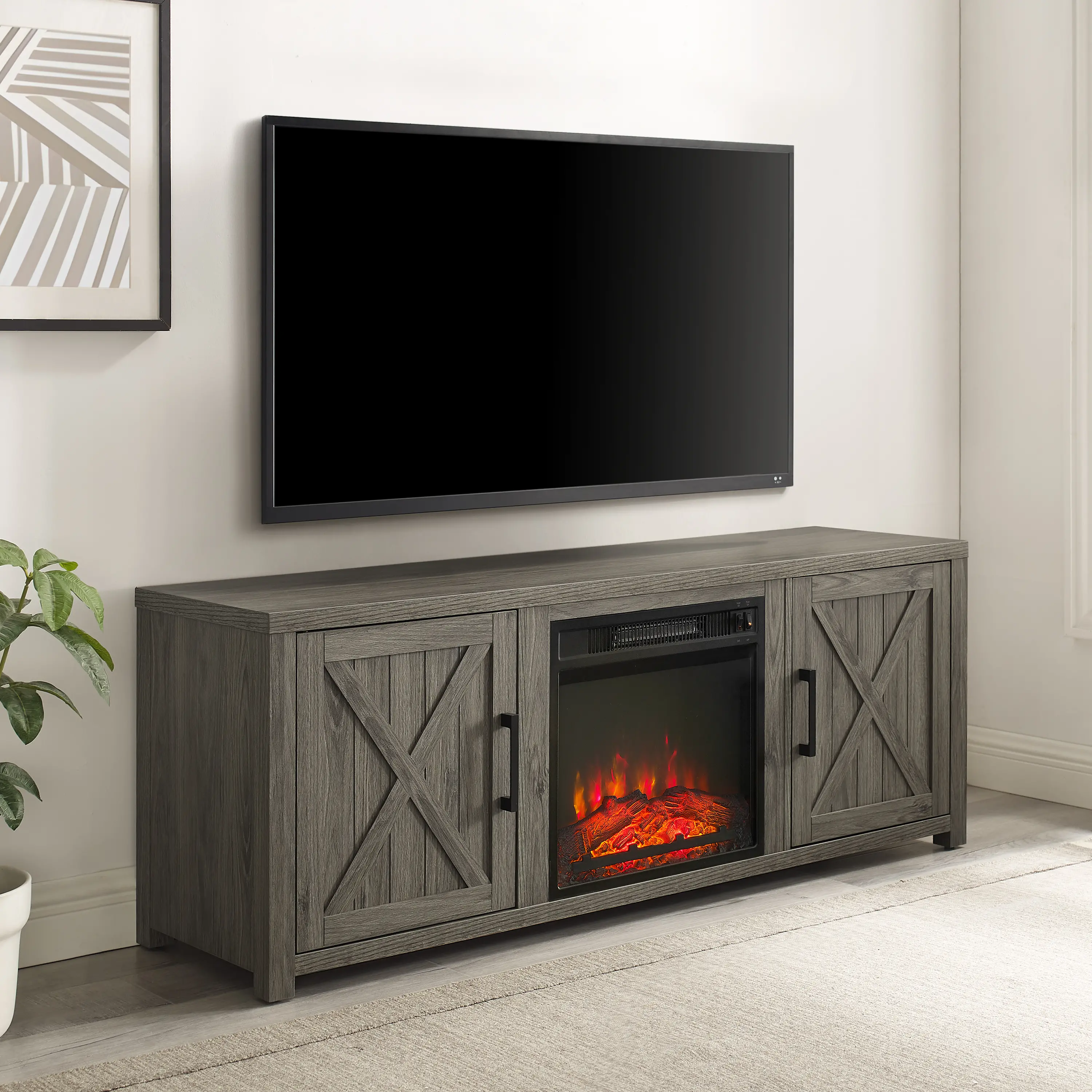 Gordon 58 Graywash TV Stand with Fireplace