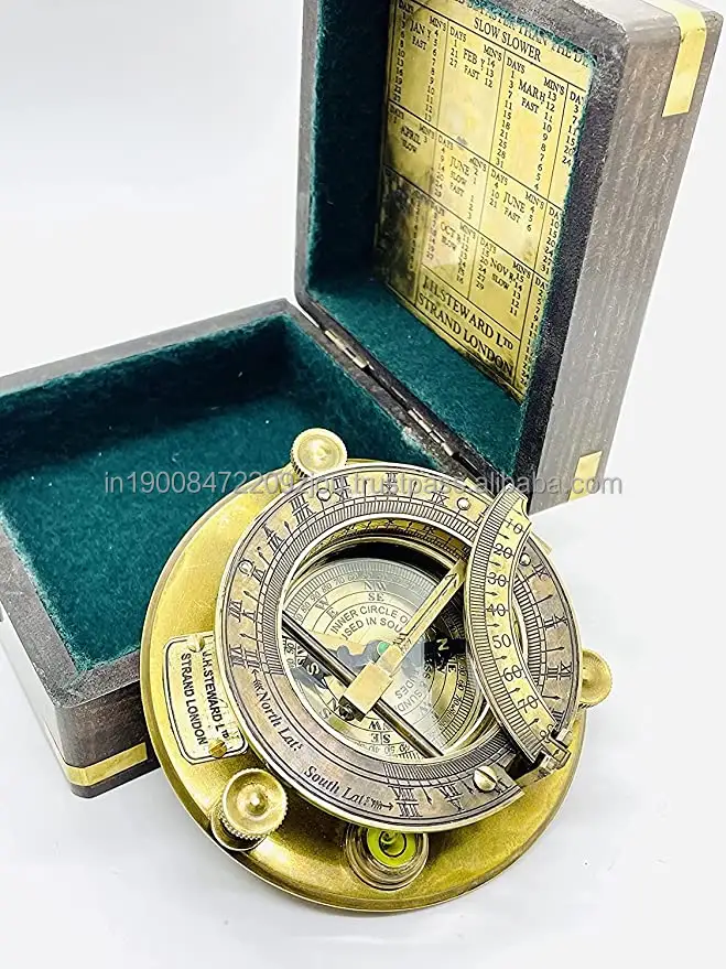 4 Inches Sundial Compass Antique Finish Compass with Wooden Protective Box for Camping Hiking Directional For Home Decor