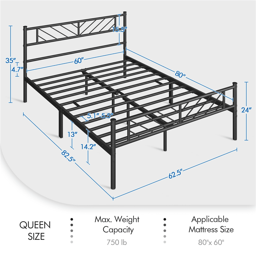 Easyfashion Metal Platform Bed with Arrow Design, Queen Size, Black