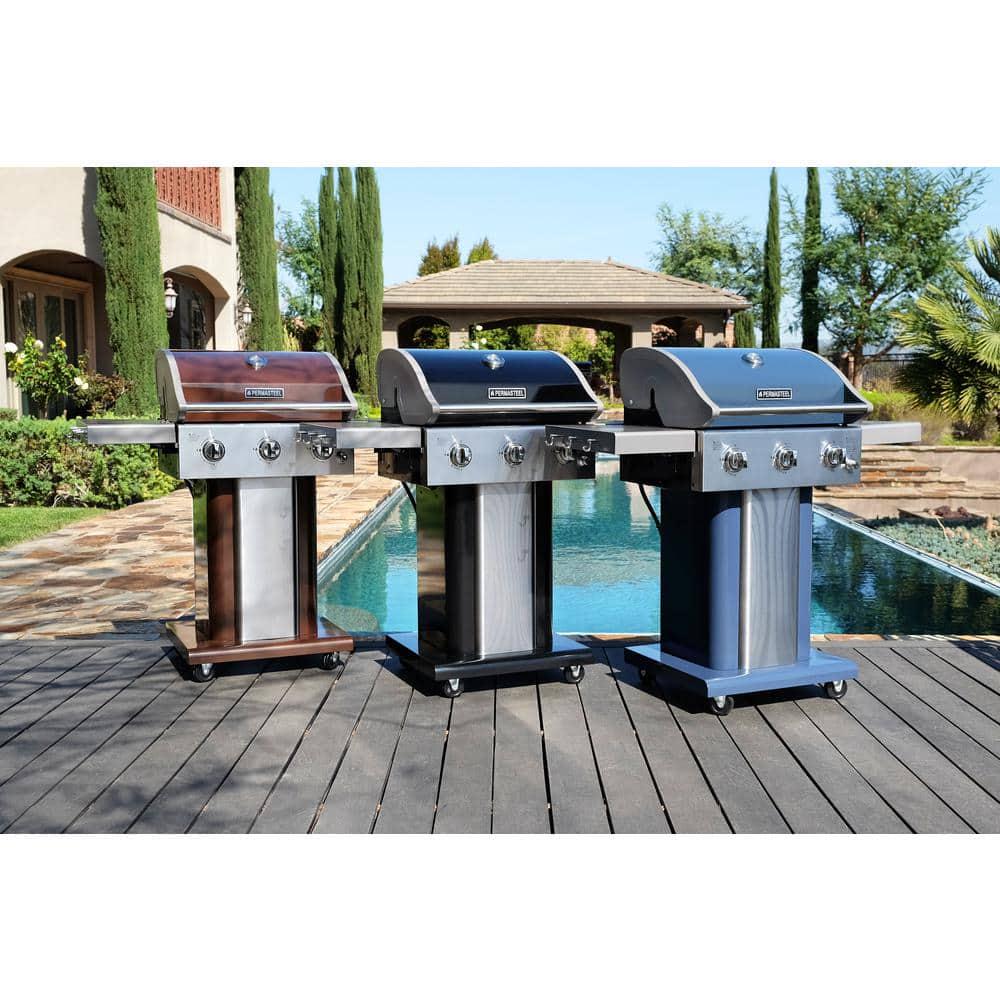 PERMASTEEL 3Burner Pedestal Propane Gas Grill in Azure with Side Hooks