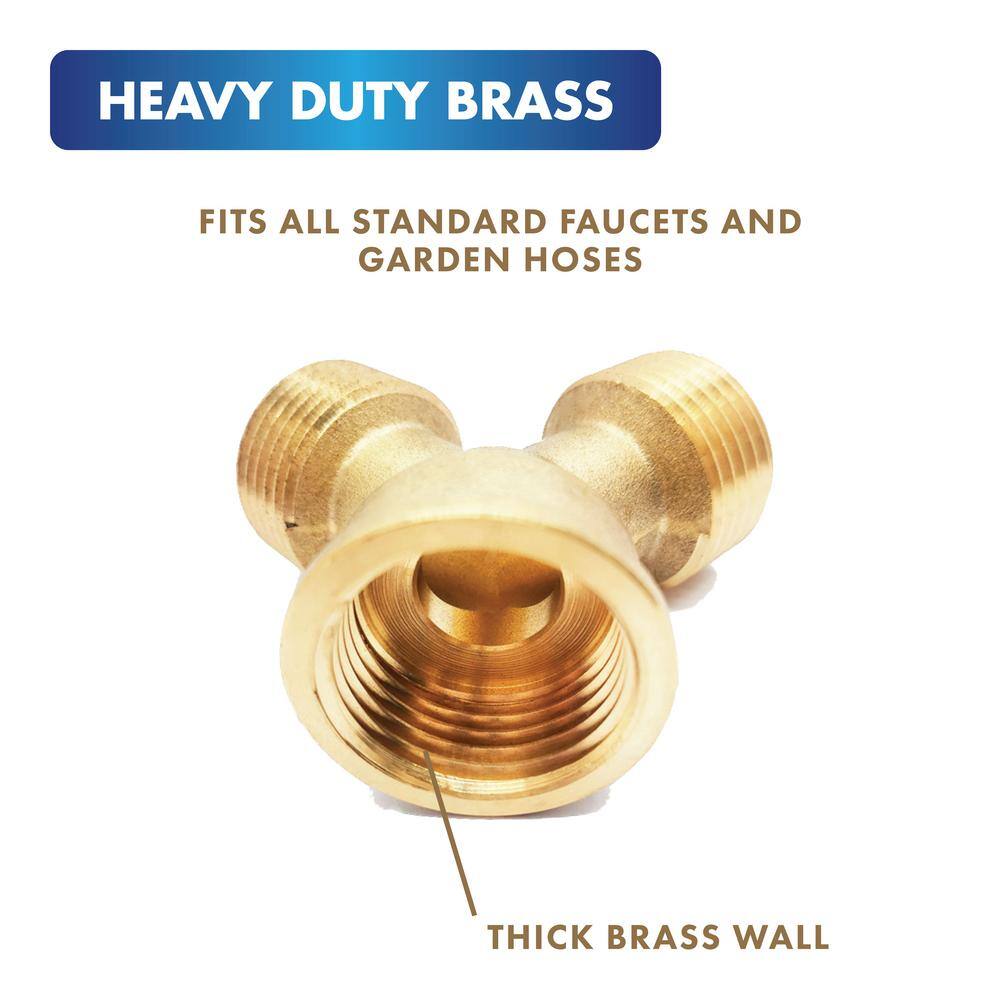 FREEZE MISER Heavy Duty Brass 2 Way Y Valve ConnectorHose Splitter without Shutoff + 2 Hose Washer 34 inch. 2499