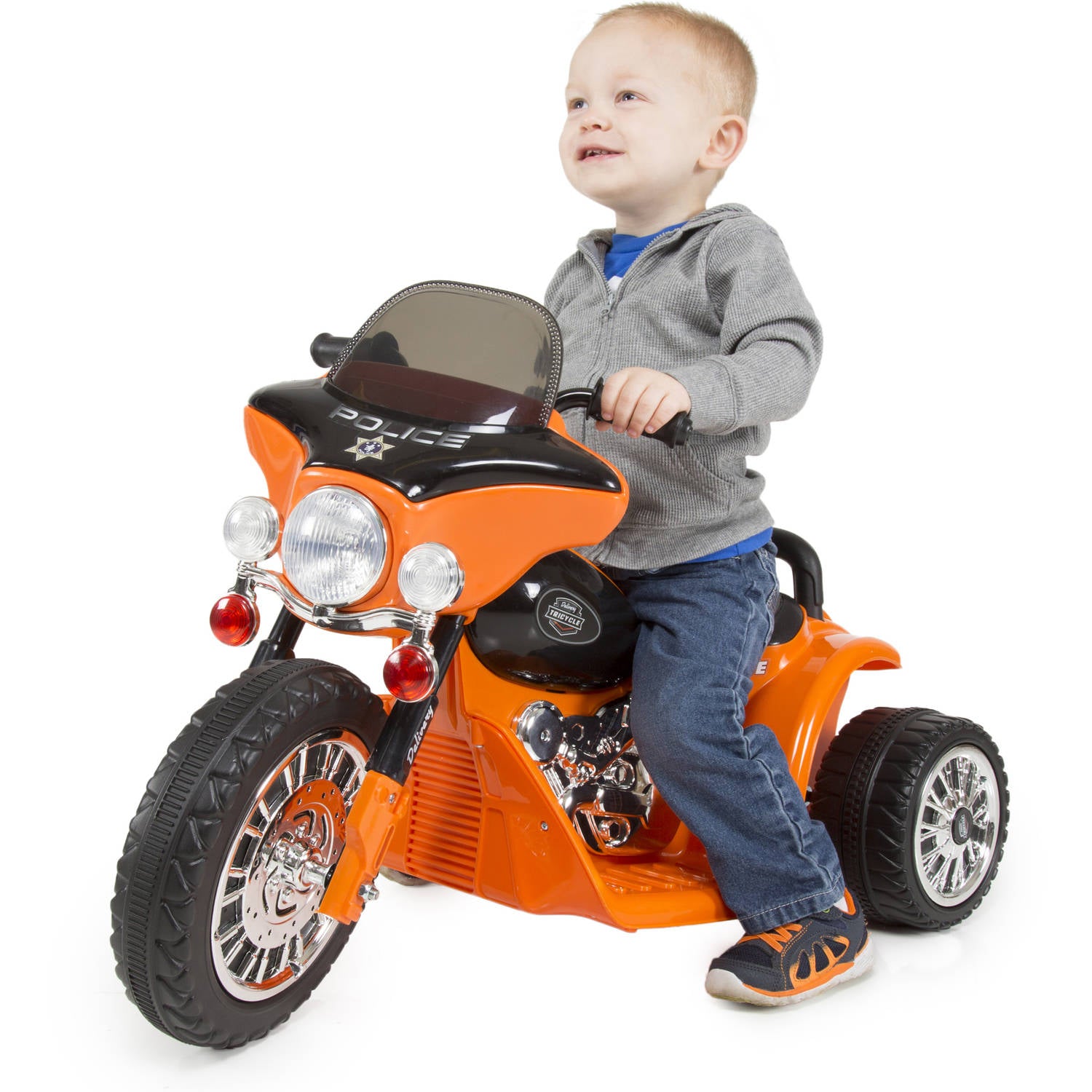 3 Wheel Mini Motorcycle Trike for Kids， Battery Powered Ride on Toy by Rockin’ Rollers – Toys for Boys and Girls， 2 - 5 Year Old - Police Car Orange