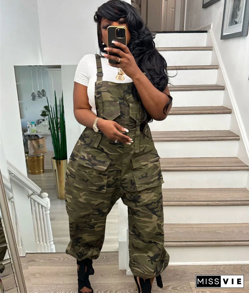 Camo Print High Waist Sleeveless Overalls Jumpsuit