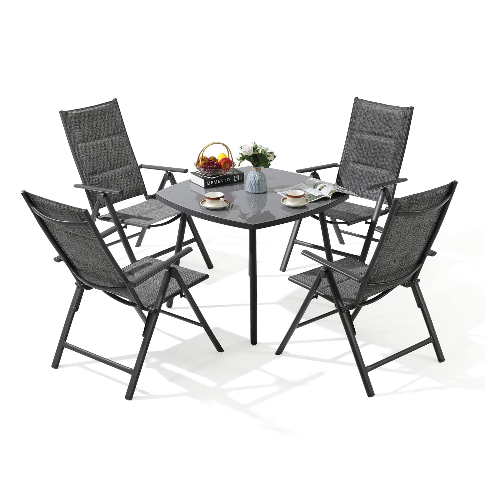 Patio Dining Set, 5 Piece Outdoor Dining Table Set with 4 Adjustable Folding Textilene Chairs and 1 Round Table, Aluminum Frame, for Garden, Yard, Porch, Poolside, Dark Gray