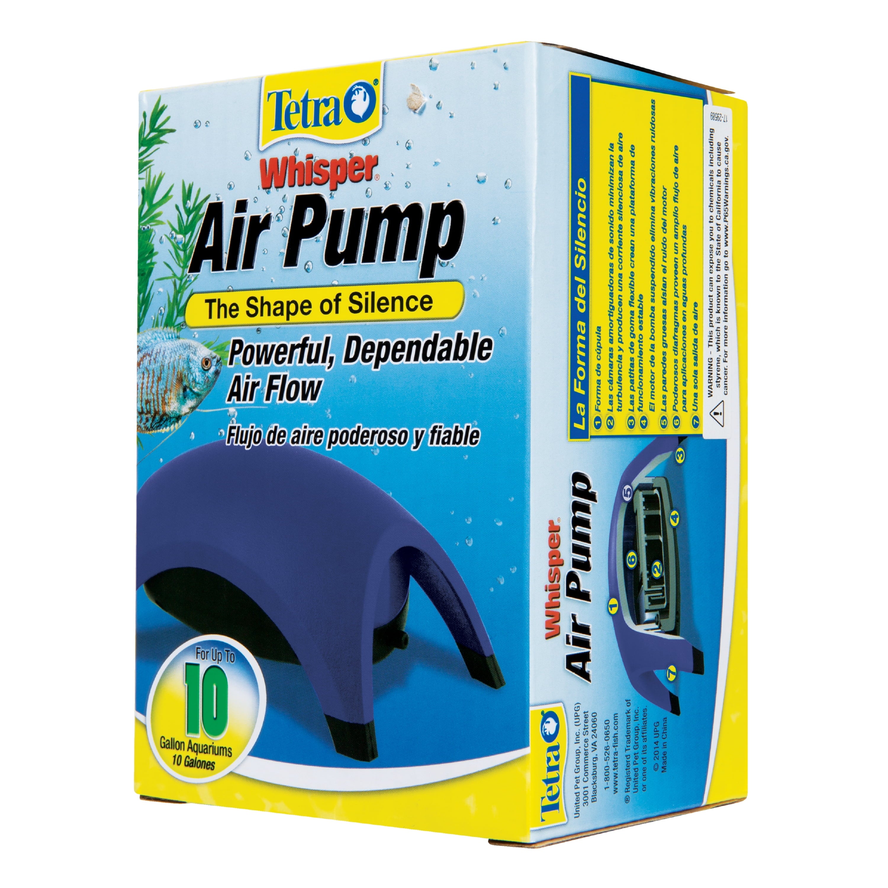 Tetra Whisper Air Pump up to 10 Gallons， for Aquariums， Powerful Airflow， Blue