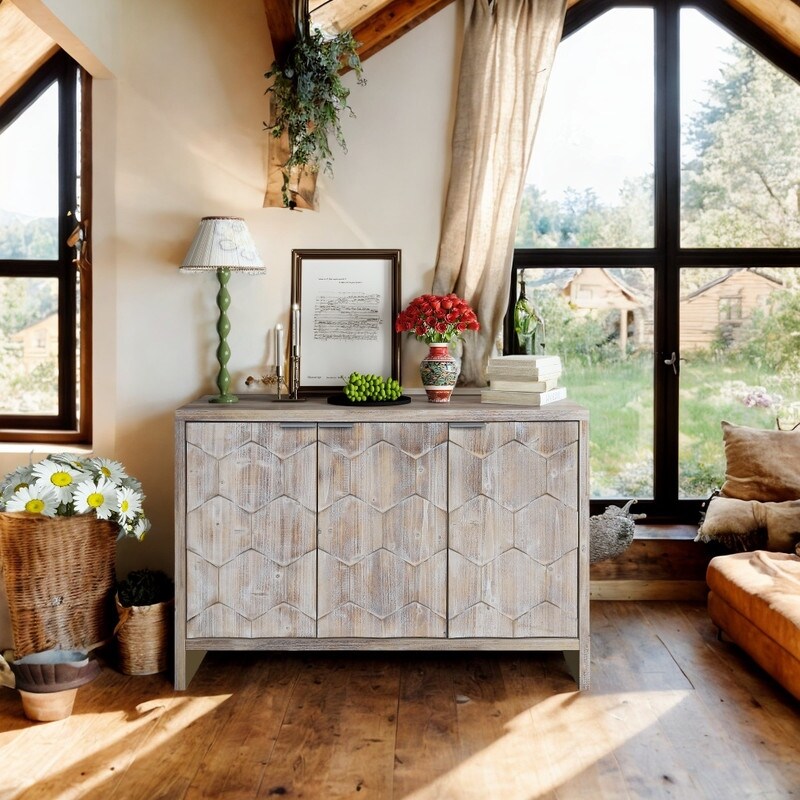 Farmhouse Style 3 Doors Storage Cabinet  Wooden Sideboard Buffet for Entryway  Hallway  Kitchen  Natural Wood Wash