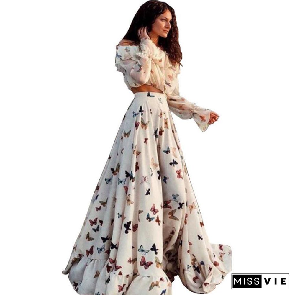 Butterfly Print Two Piece Set Large Skirt Long Skirt Beach Dress White Dresses