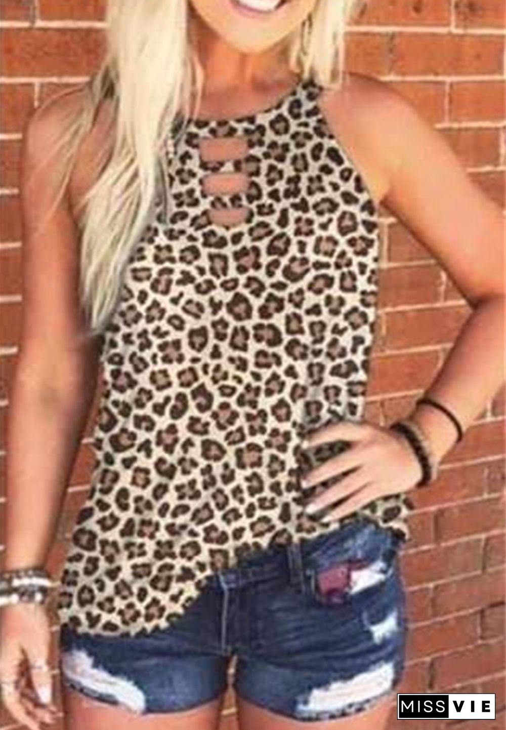 Apricot Leopard Hollow Out Neck Tank Top