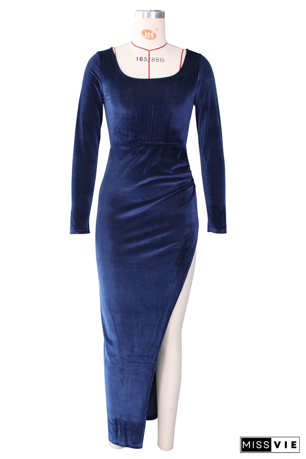 Velvet Long Sleeve High Slit Evening Dress