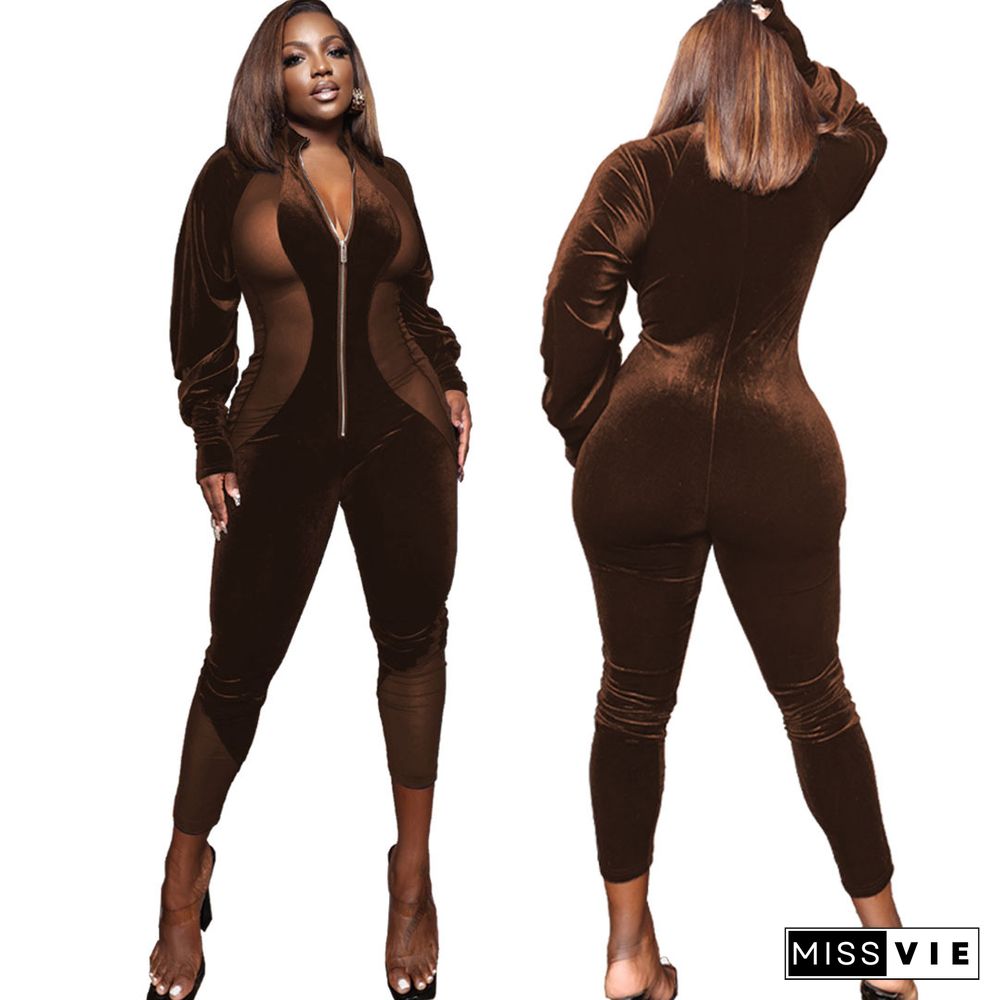 Patchwork Mesh Velvet Front Zip Jumpsuit