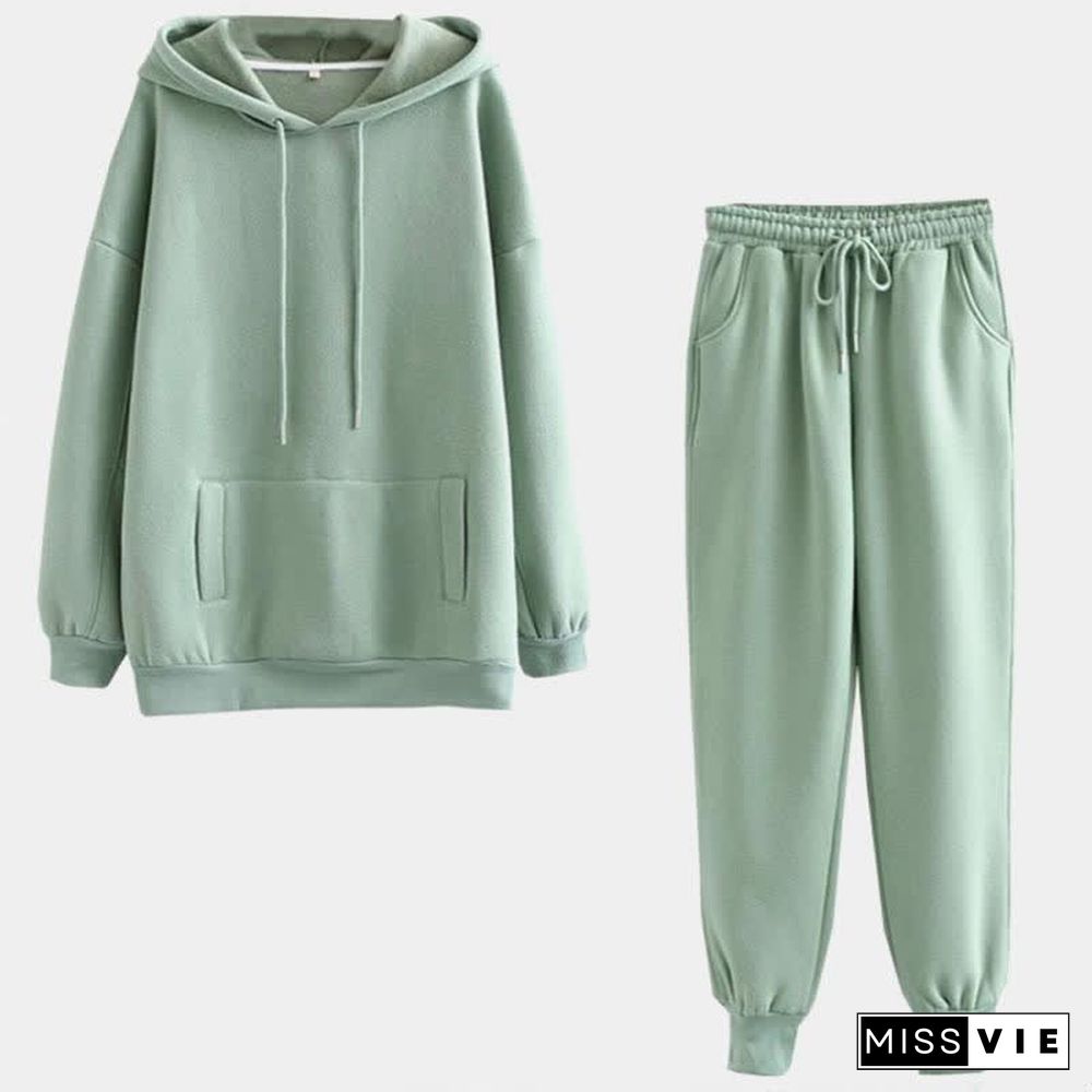 Casual Pure Color Draw String Hoodie Pants Set