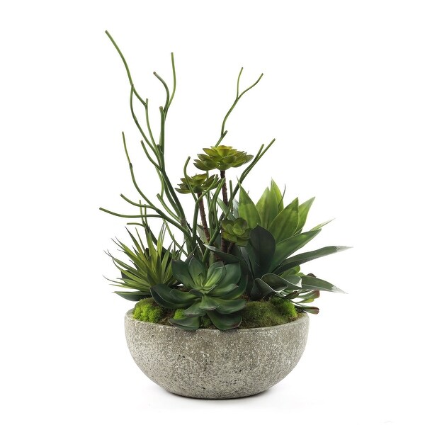 Faux Succulents and Agave Plant in Round Concrete Bowl