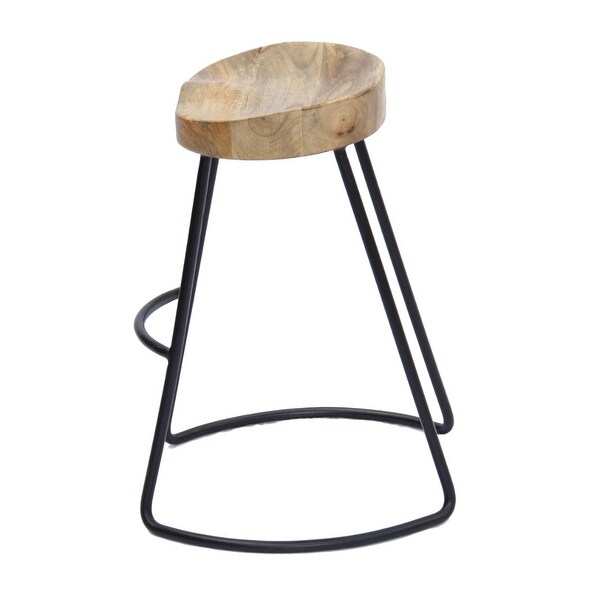 Ela 24 Inch Counter Height Stool， Mango Wood Saddle Seat， Iron Frame， Brown and Black