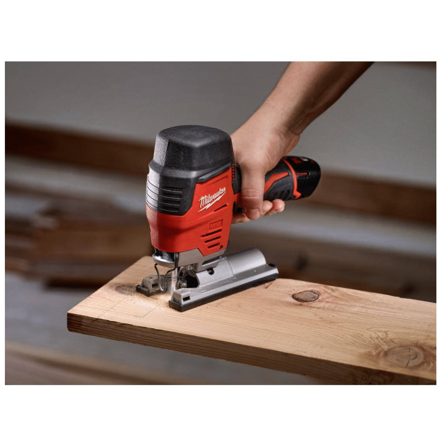 Milwaukee M12 12V Lithium-Ion Cordless Jig Saw with M12 3/8 in. Ratchet and 6.0 Ah XC Battery Pack (2445-20-2457-20-48-11-2460)