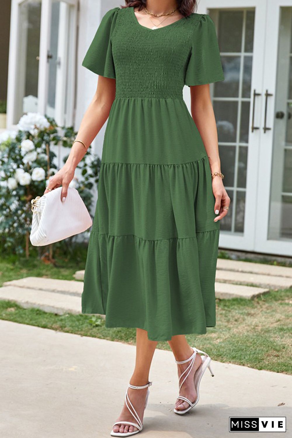 V Neck Smocked Tiered Short Sleeves Dress