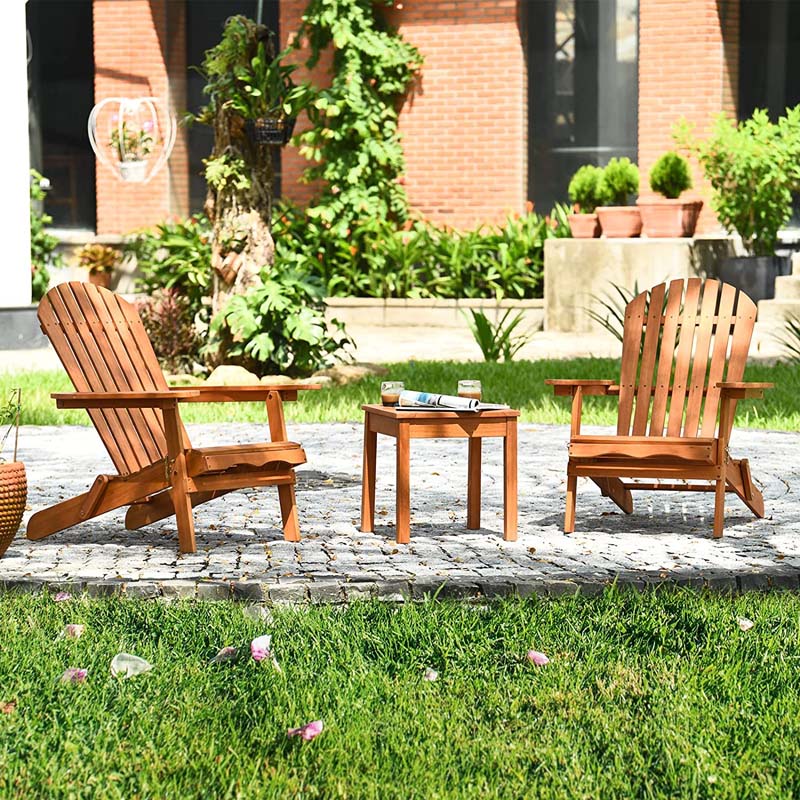 3 Pcs Slatted Design Wooden Adirondack Chair Set with Side Table & 2 Folding Lounger Chairs