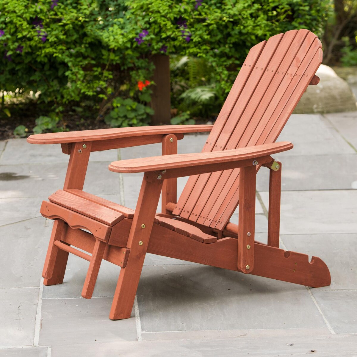 Leisure Season Wood Reclining Patio Adirondack Chair With Pull-Out Ottoman