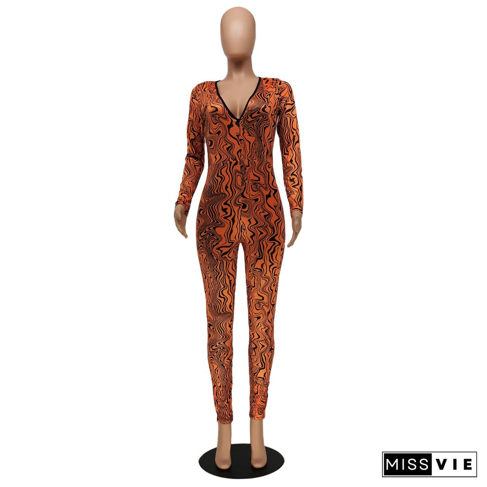 Fashion Print Full Sleeve Tight Jumpsuit