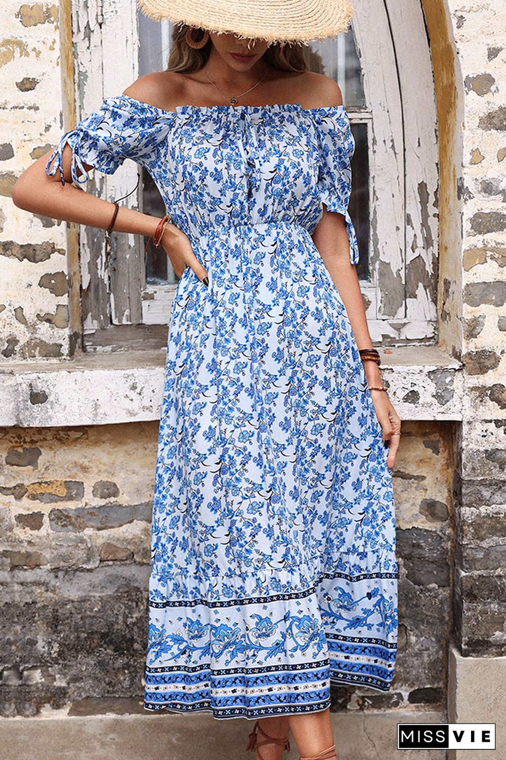 Vintage Floral Print Boat Neck Waisted Maxi Dress Wholesale