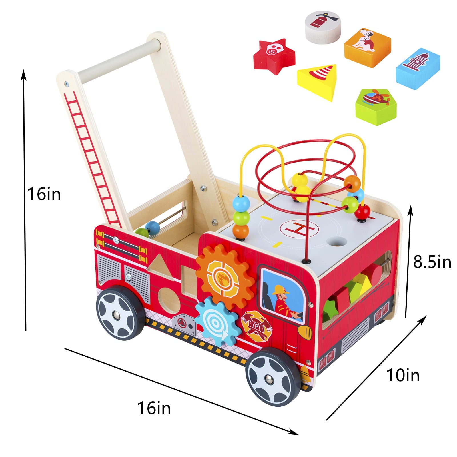 Woodenfun Baby Push Walker， Wooden Toys Activity Center for Toddler 1-3，Walk Behind Cart for Kids