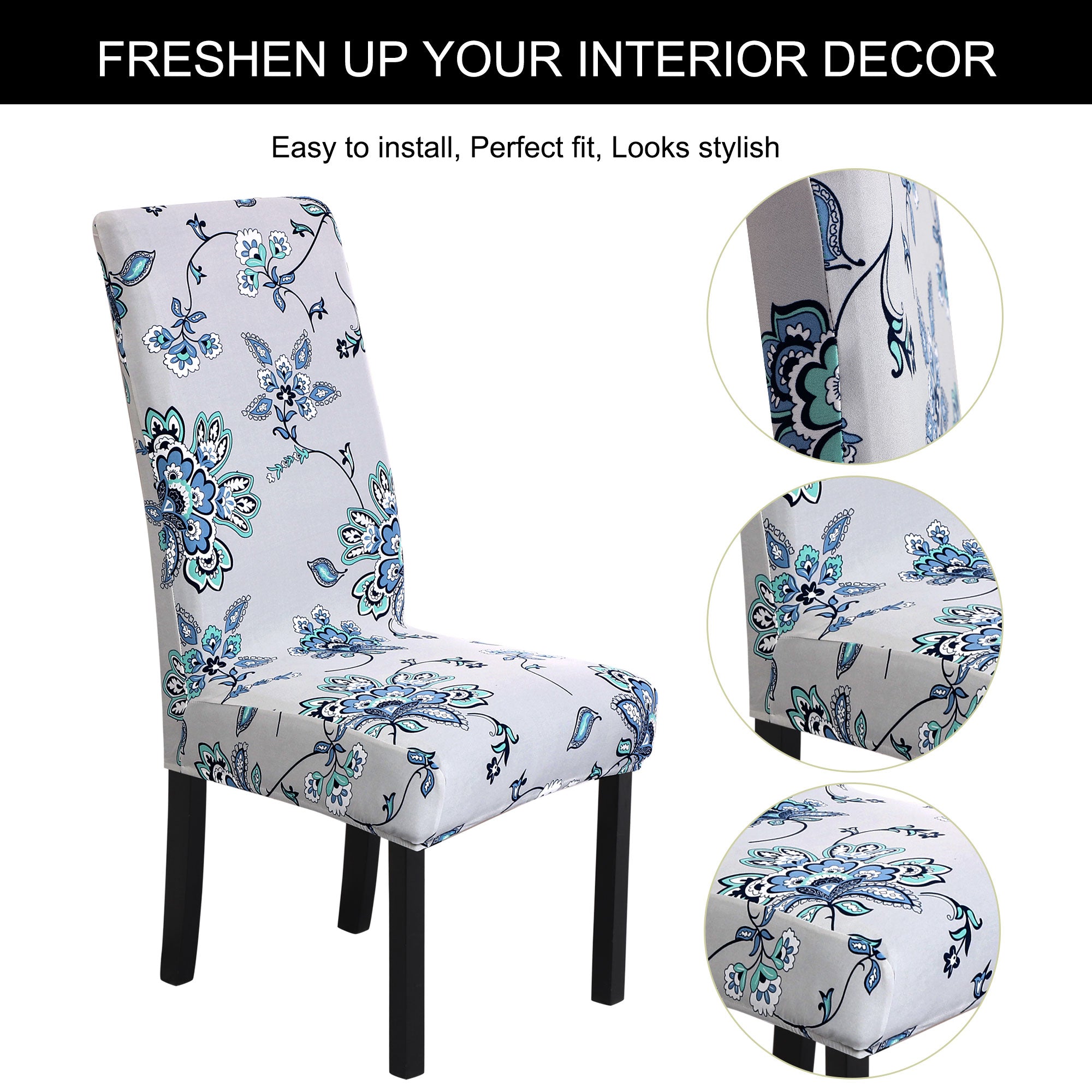 Unique Bargains Stretch Spandex Dining Chair Covers Set of 6, Gray and Blue