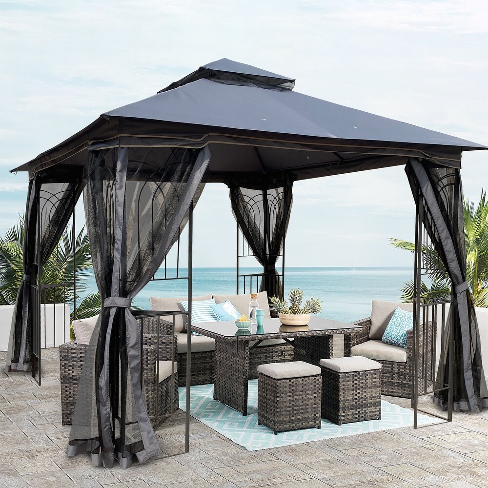 Gray 10x10 ft Patio Canopy Gazebo with Double Tier Roof  Mesh Screens