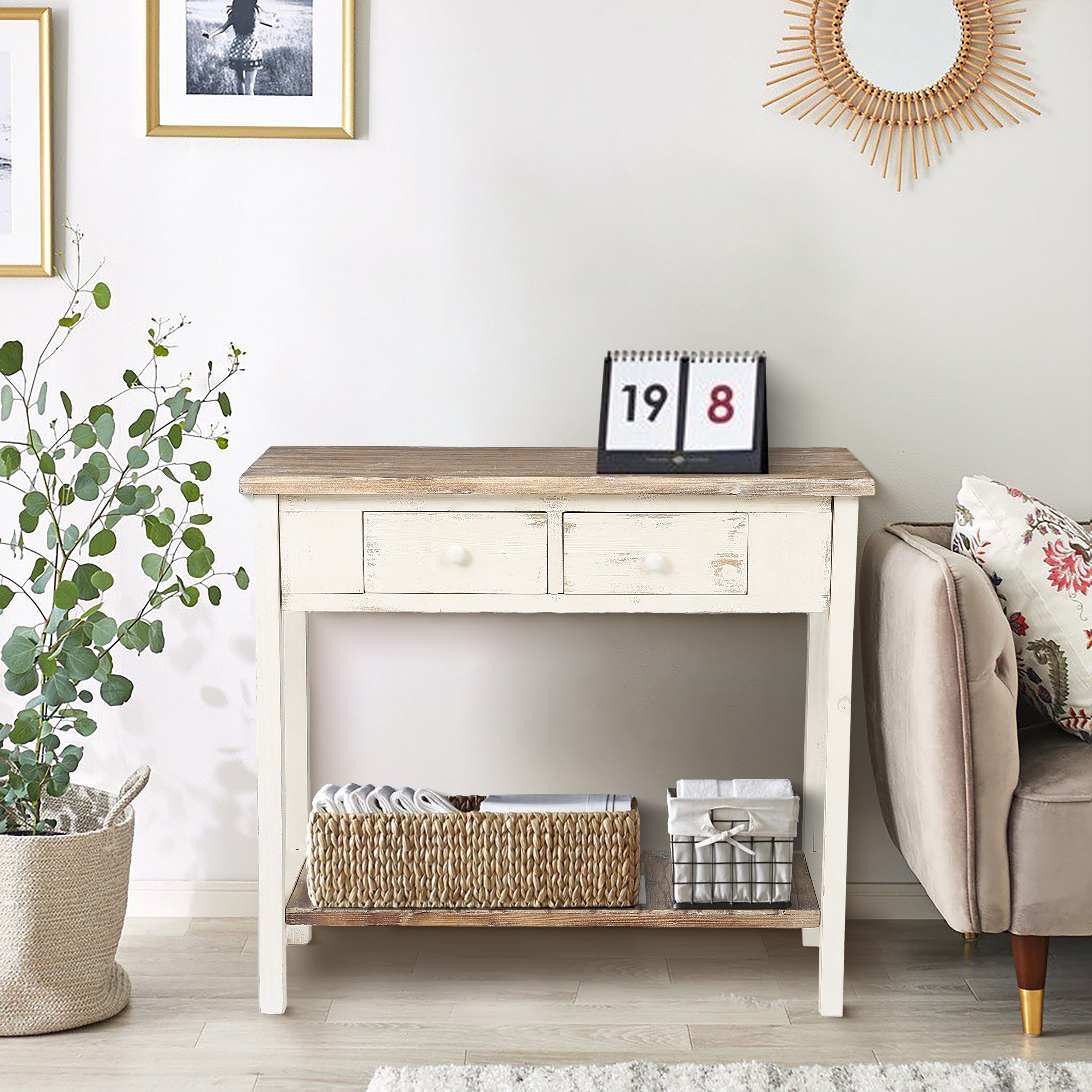 Distressed White and Brown Wood 2-drawer Console Table - 31.5