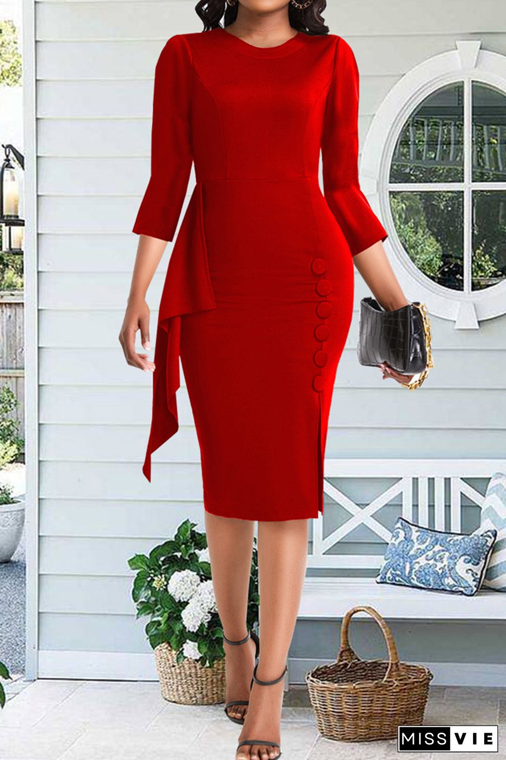 Elegant Solid Patchwork Buckle Flounce Slit O Neck Pencil Skirt Dresses