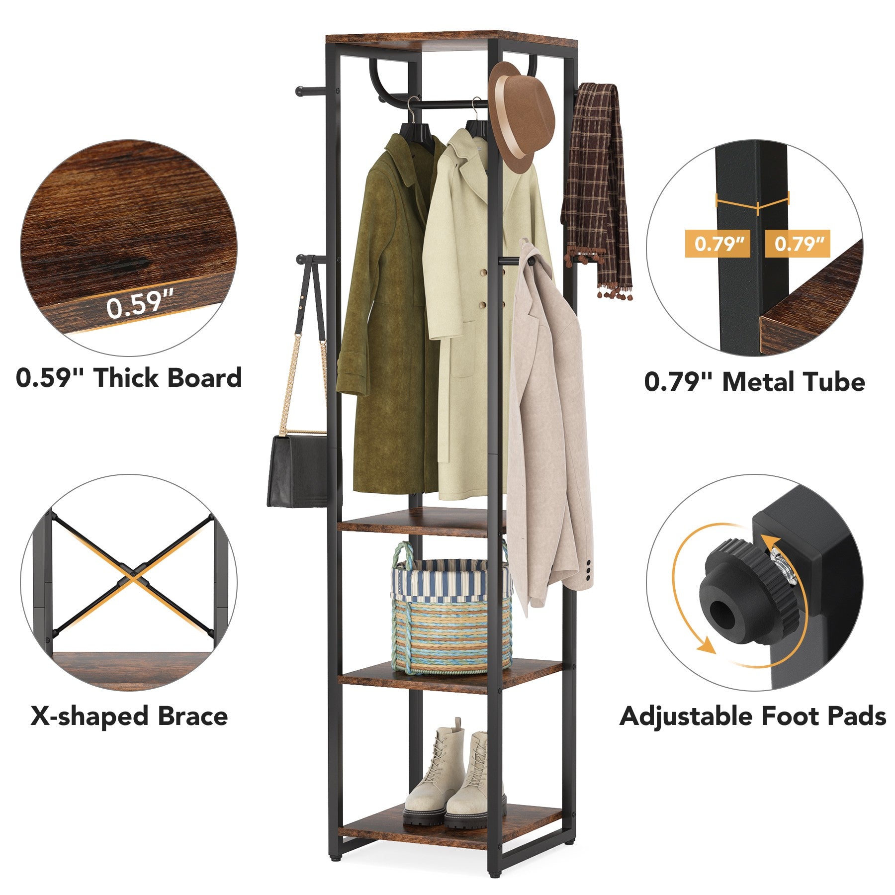 Freestanding Coat Rack, Industrial Corner Hall Tree with 4 Shelves 8 Hooks