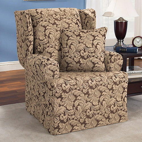 Sure Fit Scroll Brown Wing Chair Slipcover