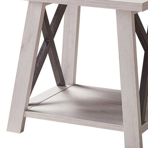 Tess 22 Inch Farmhouse End Table， 1 Shelf， Wood， White Oak， Distressed Grey - 20 L x 22 W x 22 H Inches