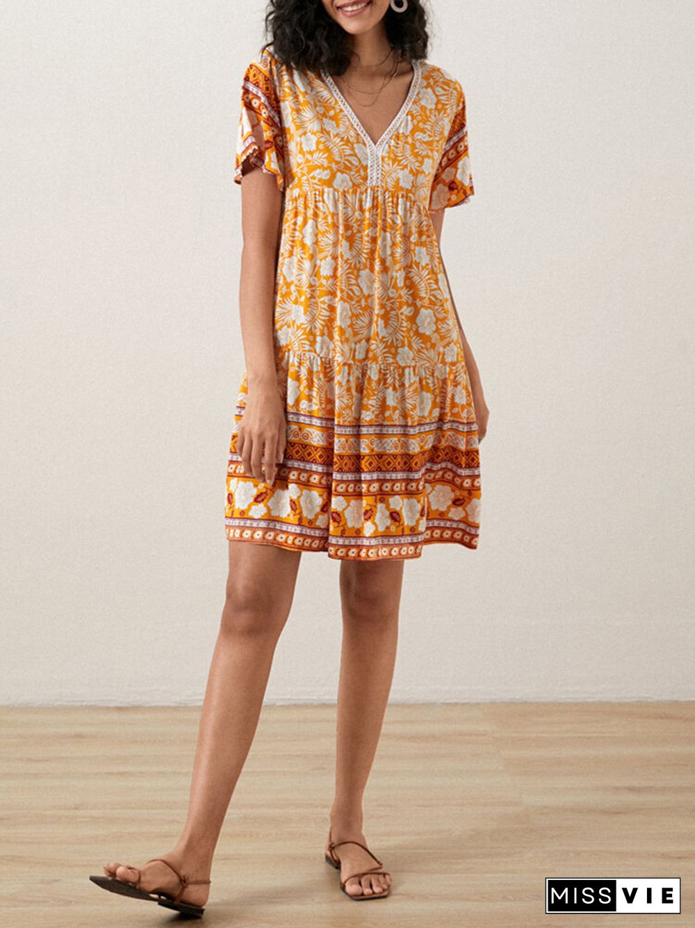 Floral Print High Waist V-neck Short Sleeve Bohemian Dress